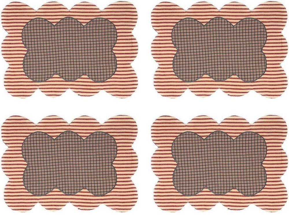 VHC Brands Summers Edge Placemat Set 4 Country Picnic Red Blue Tan Scalloped